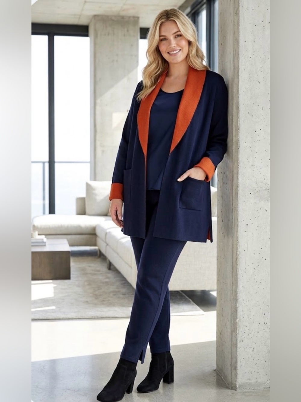 🔴 Navy & Orange Knit Shawl Collar Cardigan-Size L-XL